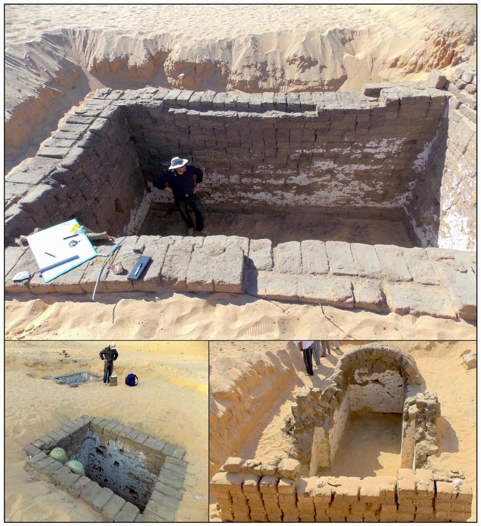 Les quatre « puits » découverts près de la tombe à bateau. Le dernier, en bas à droite, s’ouvre sur une petite salle voûtée. − © International Journal of Nautical Archaeology.
